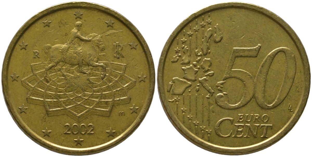 Италия 50 евроцентов 2002 R, Конная статуя Марка Аврелия KM 215 нордик 4573-852