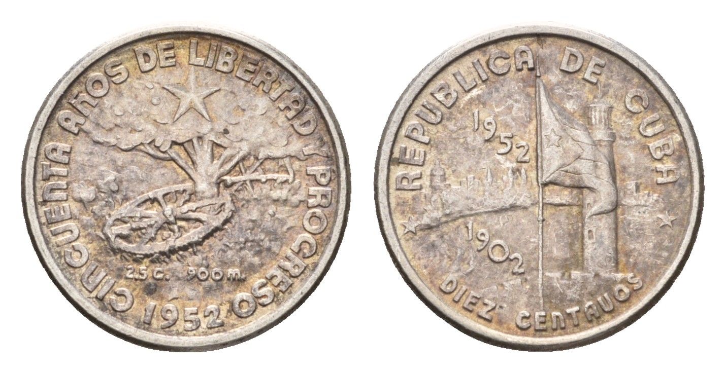 Куба 10 сентаво 1952 50 лет Республике Куба KM 23 серебро aUNC 441-1133