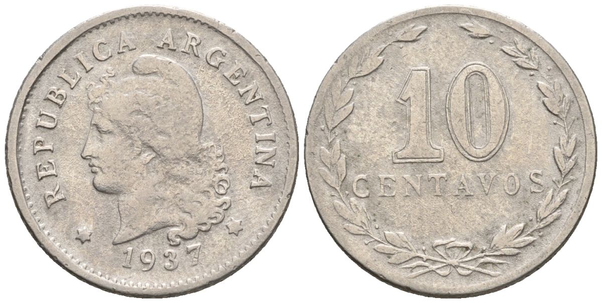 Аргентина 10 сентаво 1937 голова свободы влево KM 35, CJ 124, Schon 38 медно-никель    4609-1142