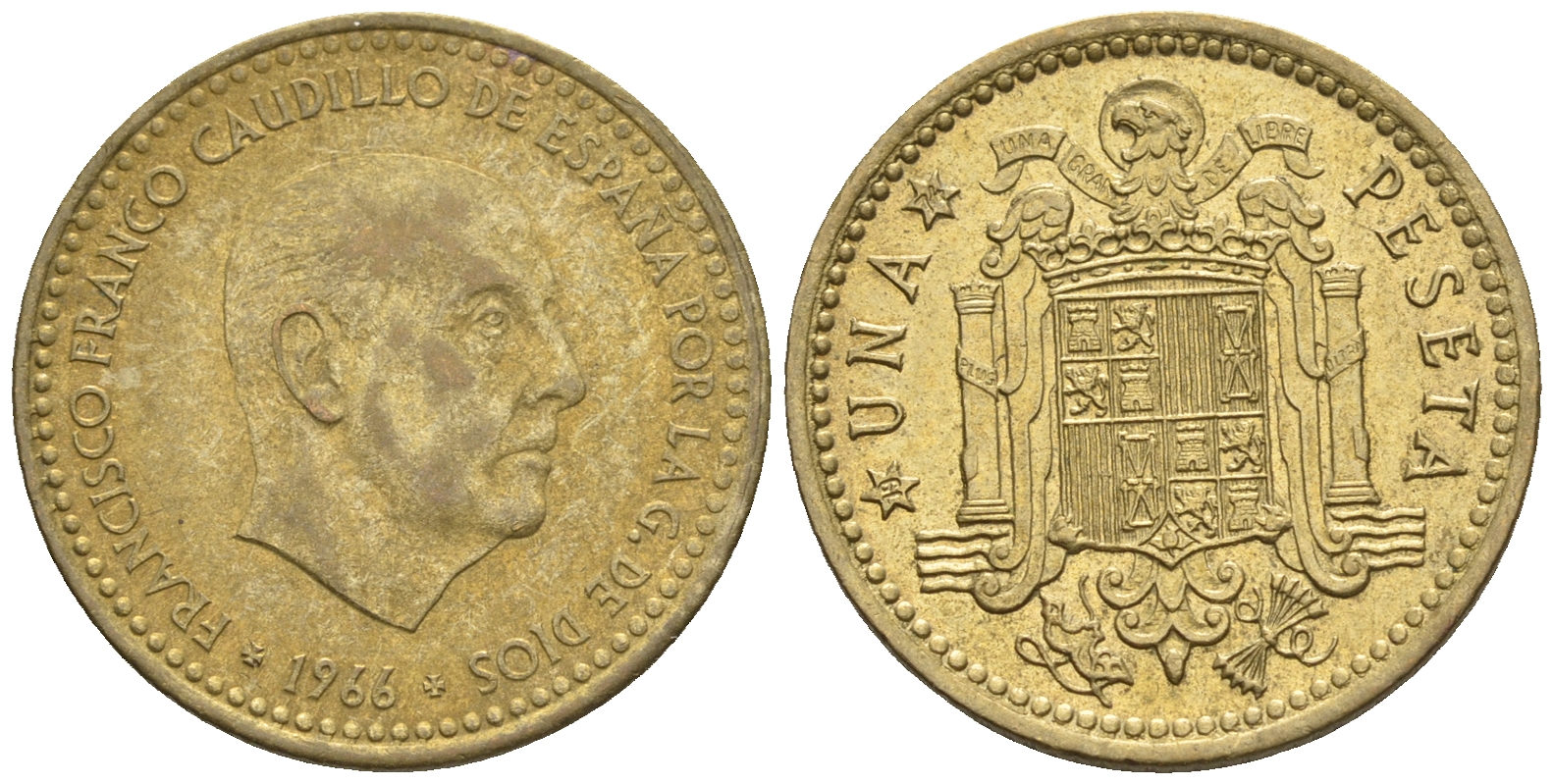 Испания 1 песета 1966 (74) Франсиско Франко (1939-1975) KM 796 алюминиевая бронза 85-651