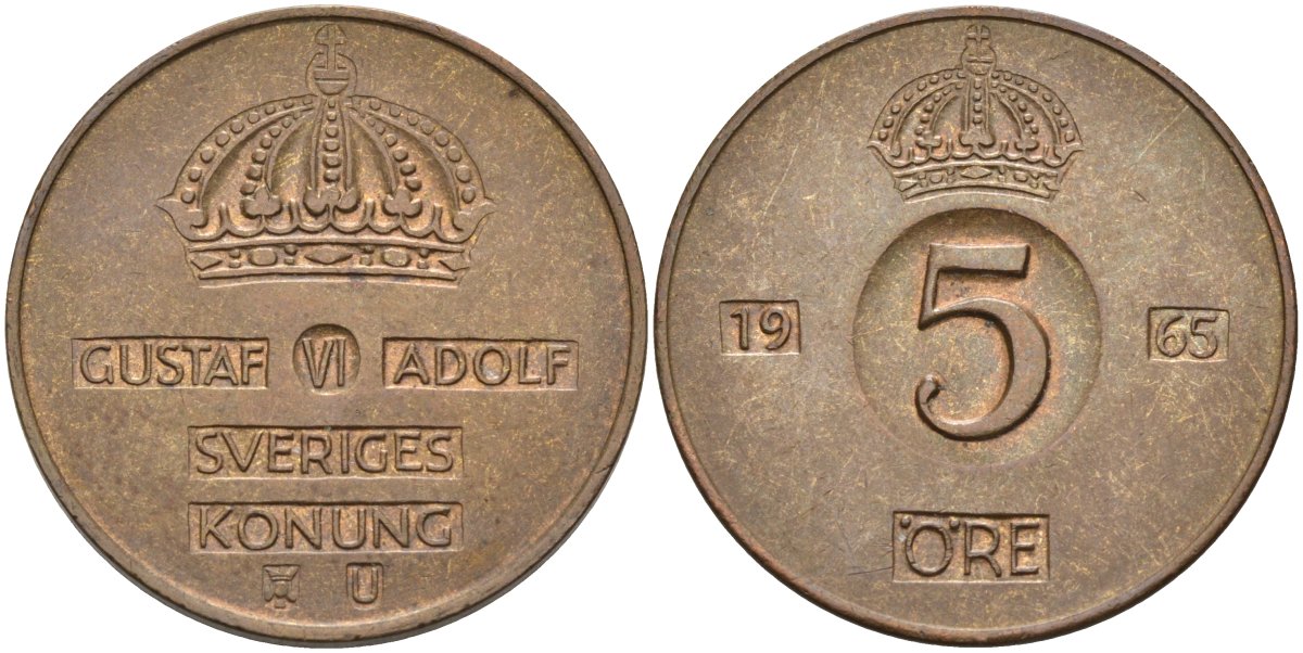 Швеция 5 эре 1966 Густав VI Адольф (1950-1973) KM 822 бронза 4517-145