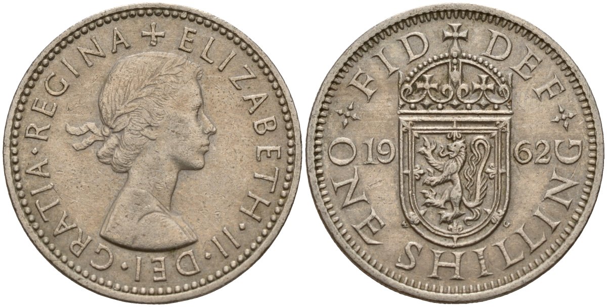 Великобритания 1 шиллинг 1962 Елизавета II (1952-2022), Шотландский герб KM 905, Spink 4148 медно-никель 202-1157
