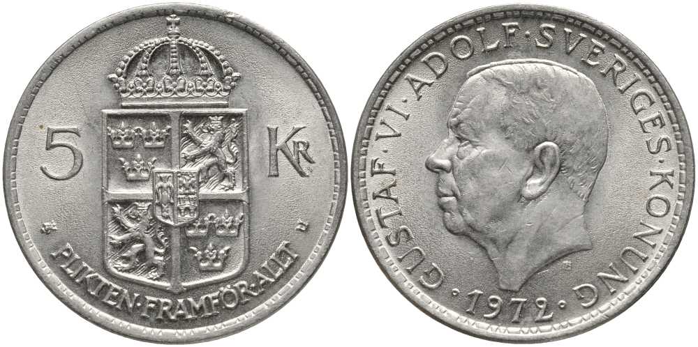 Швеция 5 крон 1972 U, Густав VI Адольф (1950-1973) КМ 846 никель плакированный медно-никелем 180-646