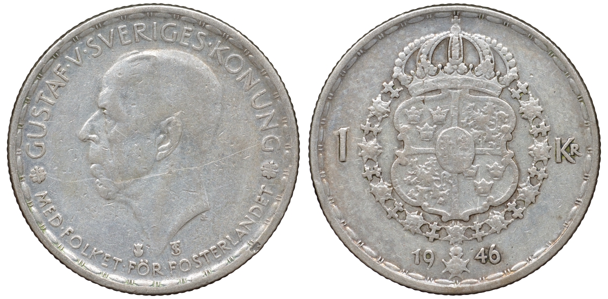 Швеция 1 крона 1946 TS, Густав V (1907-1950) KM 814 серебро 4178-715