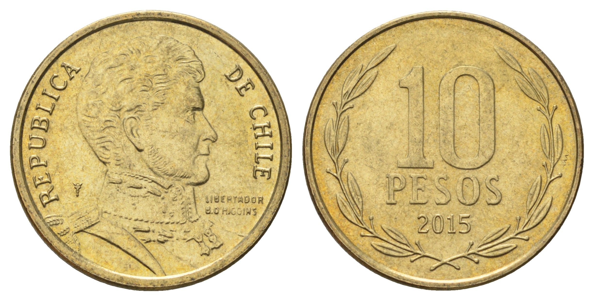 Чили 10 песо 2016 KM 228 никель латунь UNC 4689-313