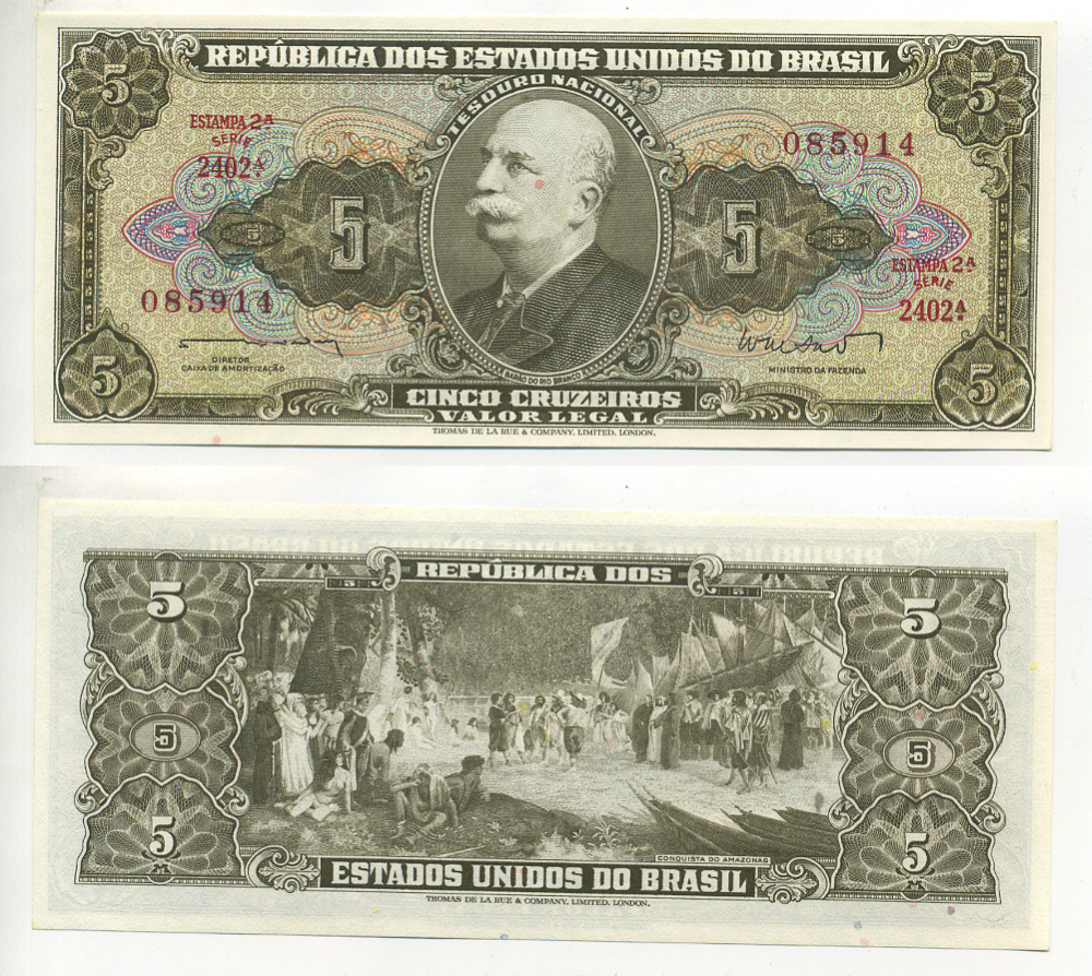 БРАЗИЛИЯ 5 КРУЗЕЙРО 1962 СЕРИЯ 2402А, БАРАО ДО РИО БРАНКО, ВЫПУСК 2А Pick 176а бумага UNC (ПРЕСС) 6299-7-1