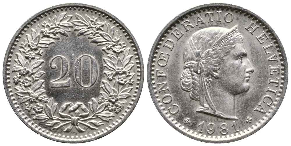 Швейцария 20 раппенов 1981 KM 29а медно-никель 26-526