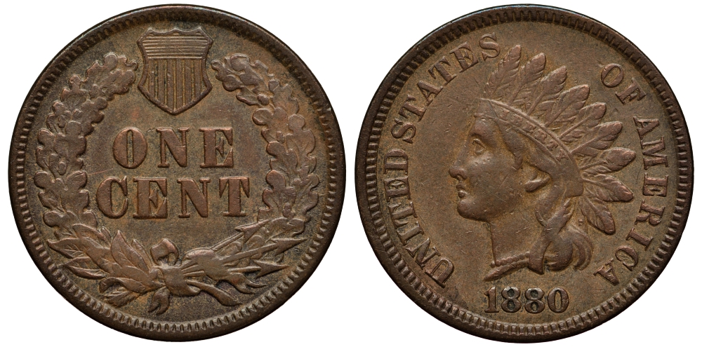 США 1 ЦЕНТ 1880 ИНДЕЕЦ, INDIAN HEAD, XF45 KM 90a бронза 272-1342
