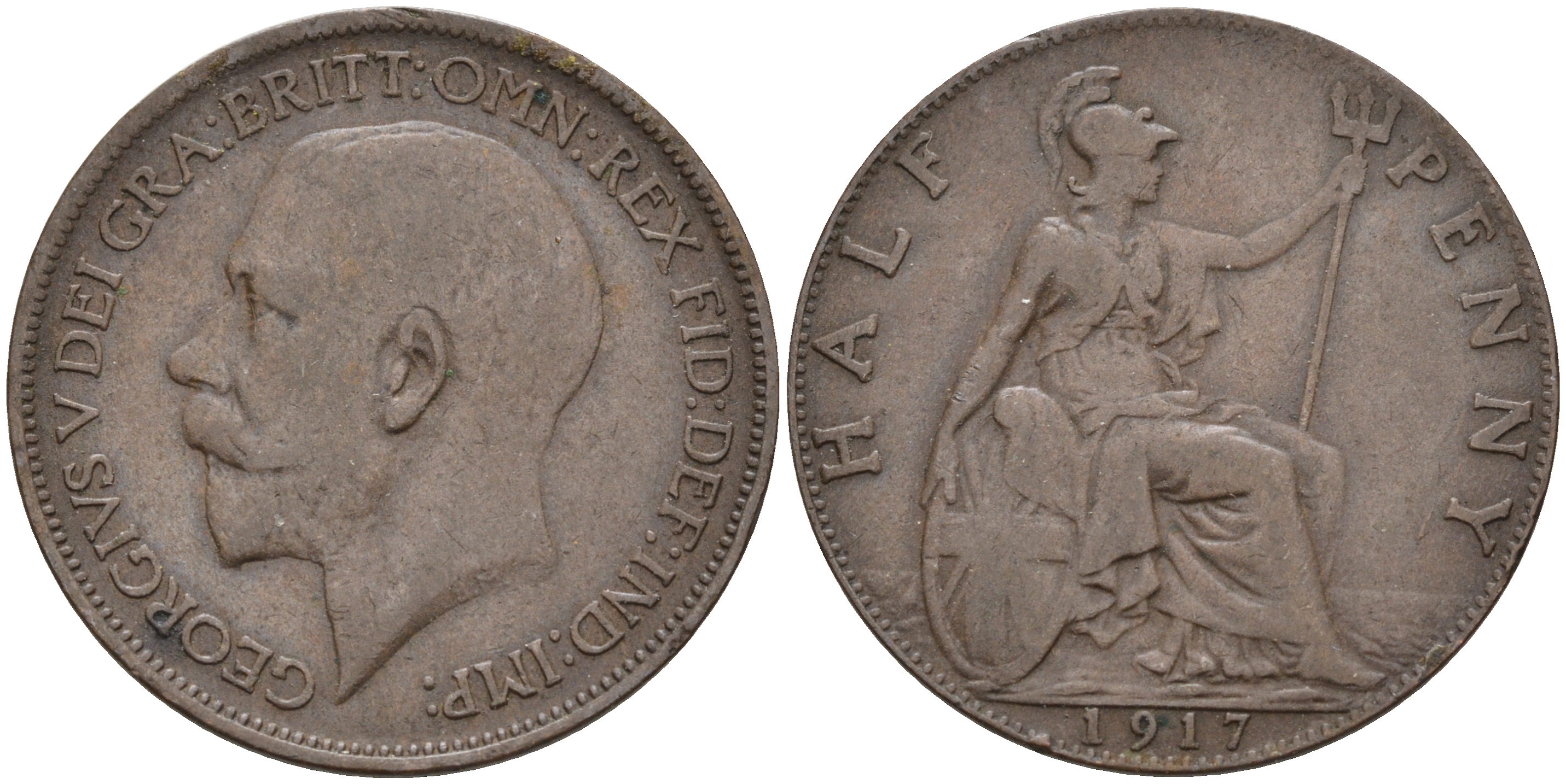 Великобритания 1/2 пенни 1917 Георг V (1910-1936) KM 809, Spink 4056 бронза 4589-921