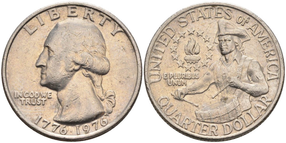 США 25 центов = квотер 1976 200 лет независимости (1776-1976), Вашингтон, барабанщик KM 204 медь плакированная медно-никелем 4584-1042