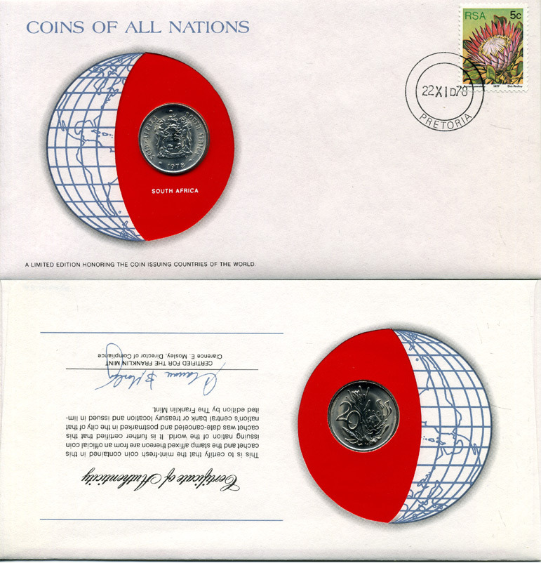 ЮАР 20 ЦЕНТОВ 1978 конверт с маркой первого дня гашения, Coins of Nations KM 86 никель UNC 4294-41-3