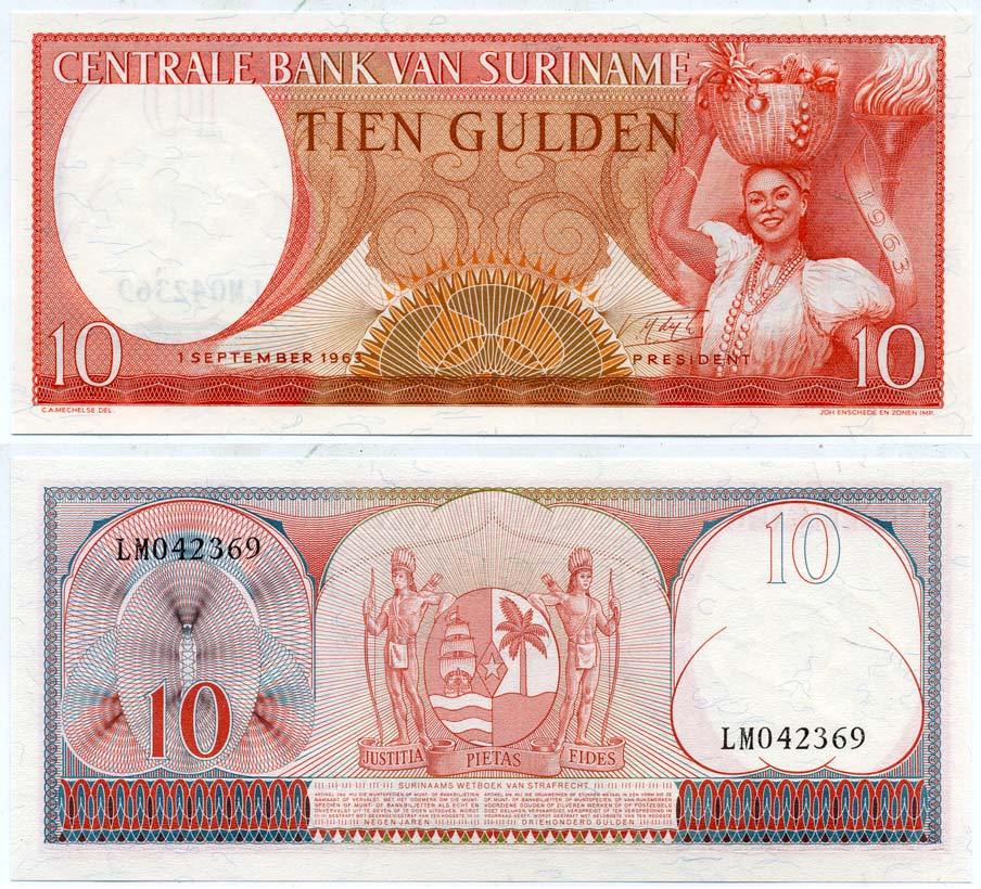 Суринам 10 гульденов 1963 женщина с фруктами Pick 121 b бумага UNC (пресс) 7547-16-3