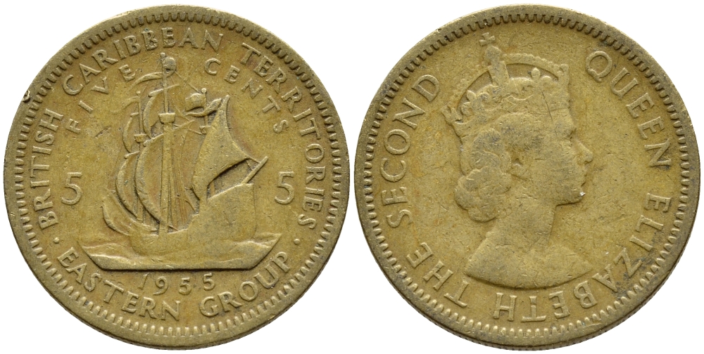 Британские Восточно-Карибские территории 5 центов 1955 Елизавета II (1952-2022), парусник KM 4 никель латунь 4388-352