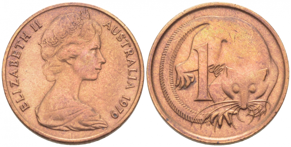 АВСТРАЛИЯ 1 ЦЕНТ 1979 ЕЛИЗАВЕТА II, МОЛОДОЙ ПОРТРЕТ, ОПОССУМ KM 62 бронза 3955-457