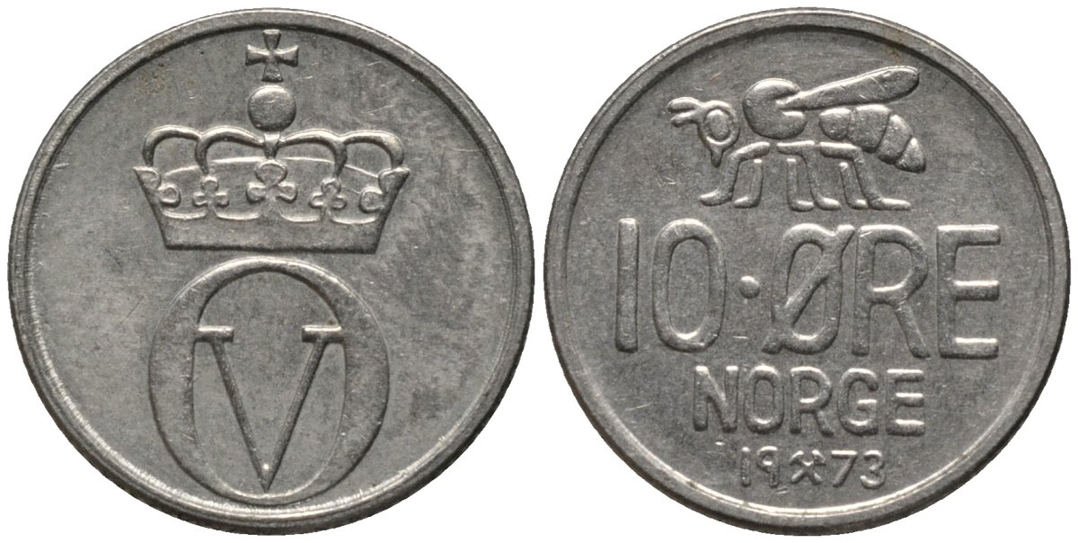 Норвегия 10 эре 1973 пчела, Улаф V (1958-1991) KM 411 медно-никель 218-129