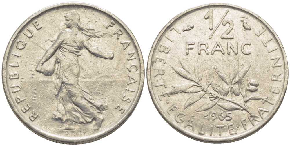 Франция 1/2 франка 1965 сеятель KM 931, Le Franc 198.3 никель 175-923