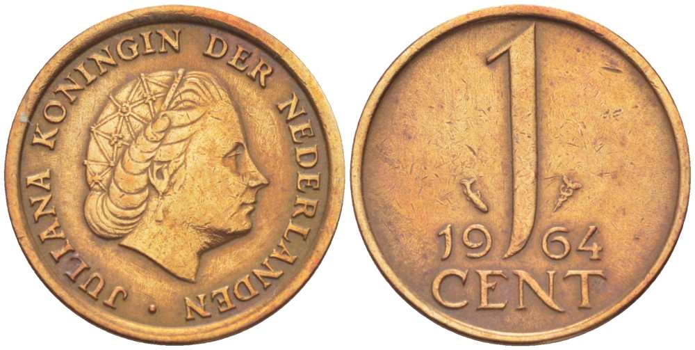 Нидерланды 1 цент 1964 Юлиана (1949-1980) KM 180 бронза 3309-332