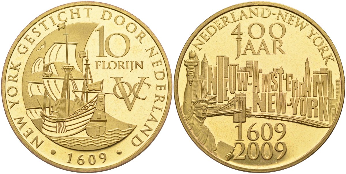 Нидерланды медаль, 10 флоринов 2009 Восточно-Индийская компания, 400 лет открытия Нью- Йорка, диаметр 35 мм., позолота бронза PROOFLIKE 4558-821