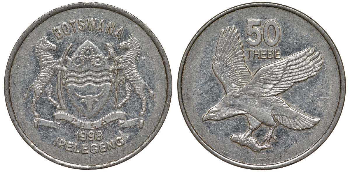 Ботсвана 50 тхебе 1998 африканский рыбный орел KM 29 никелированная сталь 4163-943