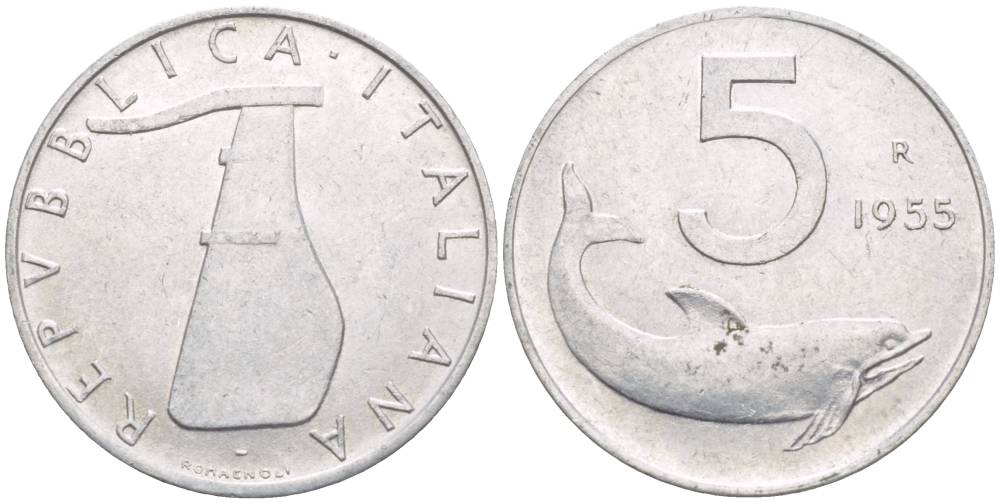 ИТАЛИЯ 5 ЛИР 1955 R, ДЕЛЬФИН, РУЛЬ KM 92 алюминий 4551-115