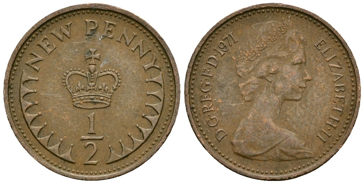 Великобритания 1/2 пенни 1971 Елизавета II (1952-2022) KM 914, Spink 4239 бронза 4136-1136