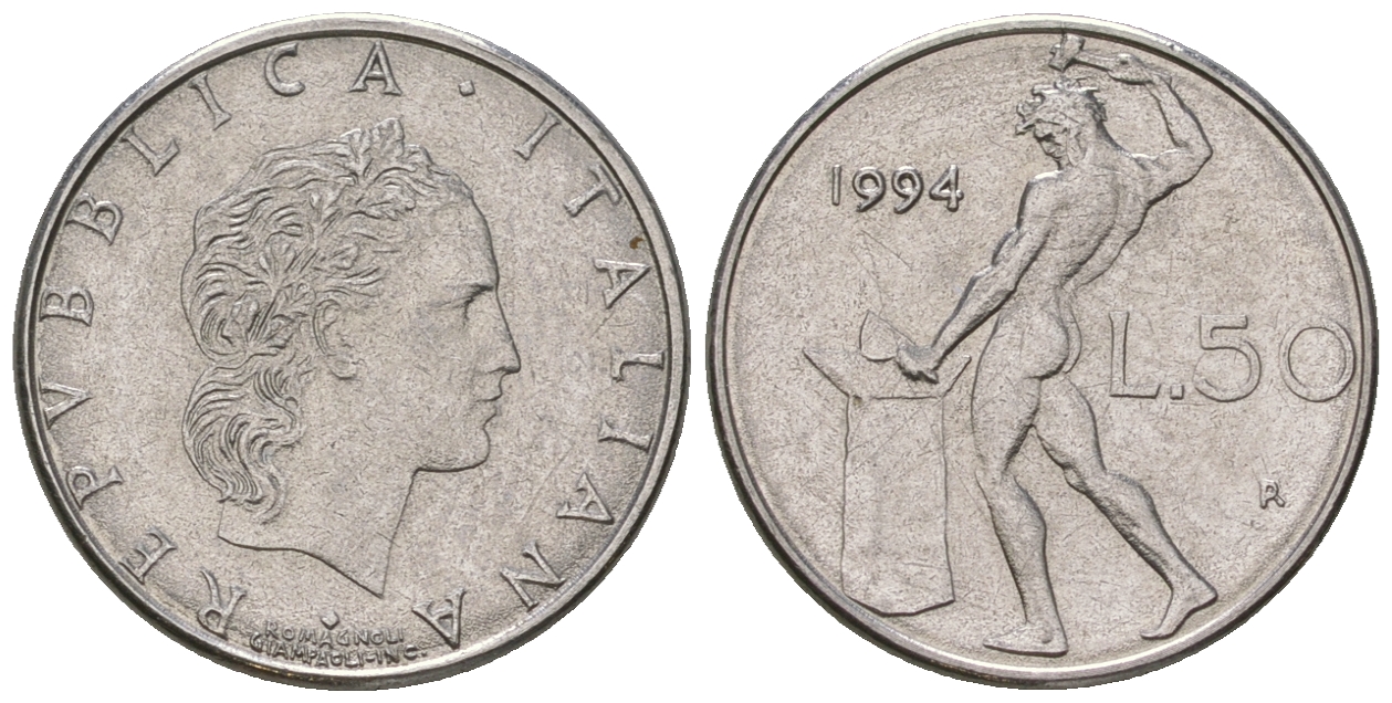 Италия 50 лир 1994 R, бог огня Вулкан у наковальни KM 95.2 нержавеющая сталь 4668-1161
