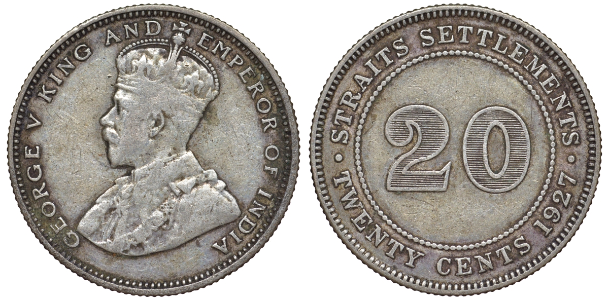 Стрейтс-Сетлментс 20 центов 1927 Георг V (1910-1936) КМ 30b серебро 53-825