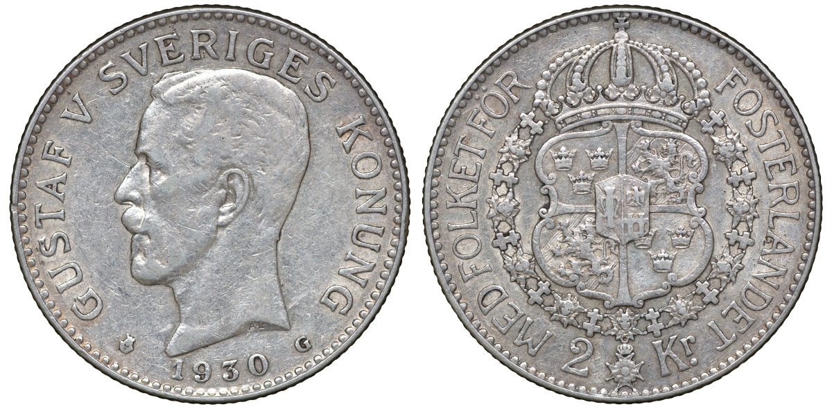 Швеция 2 кроны 1930 G, Густав V (1907-1950) KM 787 серебро 4178-1324