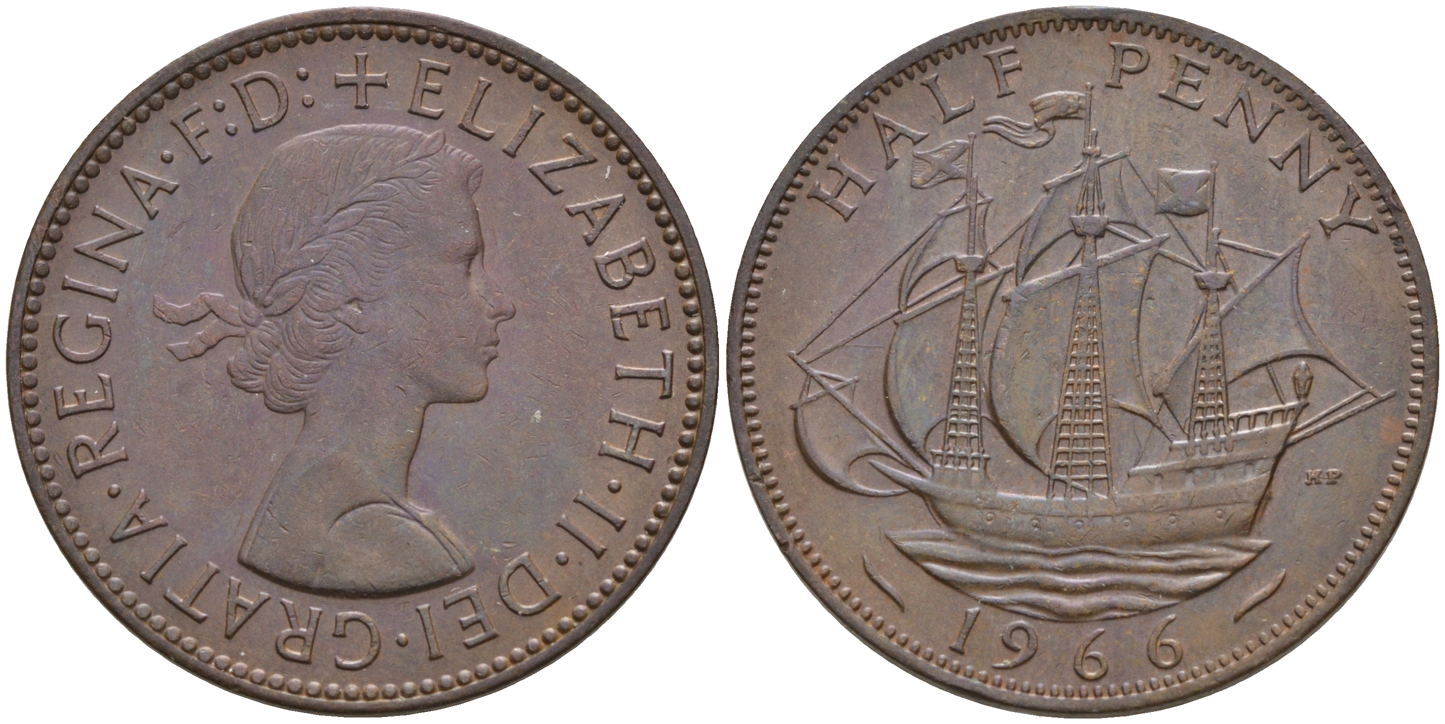 Великобритания 1/2 пенни 1966 Елизавета II (1952-2022) KM 896, Spink 4158 бронза 4592-433