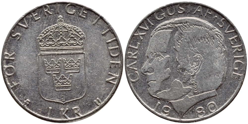 Швеция 1 крона 1980 Карл XVI Густав (1973- ) KM 852 медь плакированная медно-никелем 4397-927