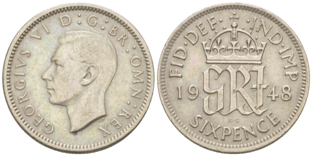 Великобритания 6 пенсов 1948 Георг VI (1936-1952) KM 862, Spink 4105 медно-никель 3955-367