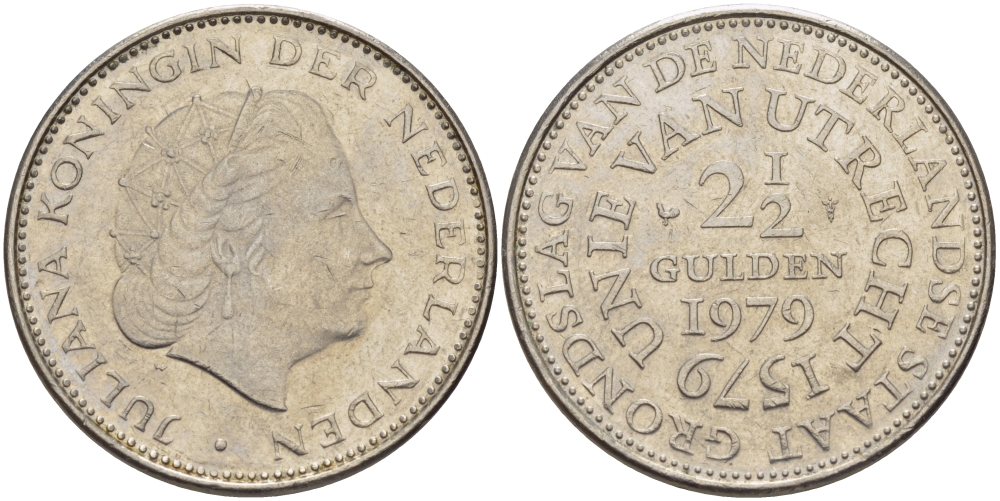 Нидерланды 2 1/2 гульдена 1979 400 лет Утрехтскому союзу, Юлиана (1949-1980) KM 197 никель 82-1232
