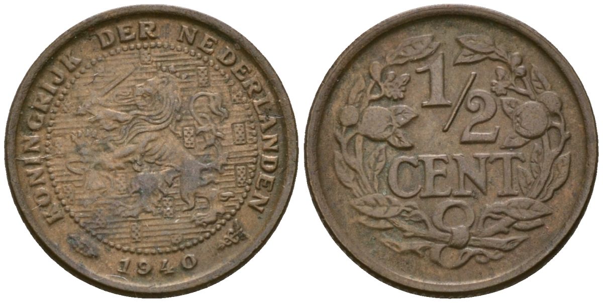 Нидерланды 1/2 цента 1940 Вильгельмина (1890-1948) KM 138 бронза 4169-461