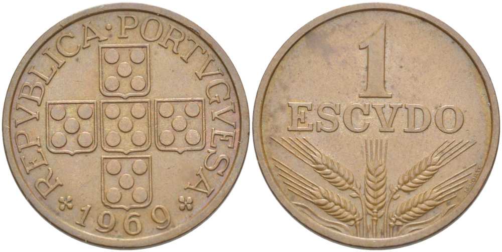 Португалия 1 эскудо 1969 первый год KM 597 бронза 4517-442