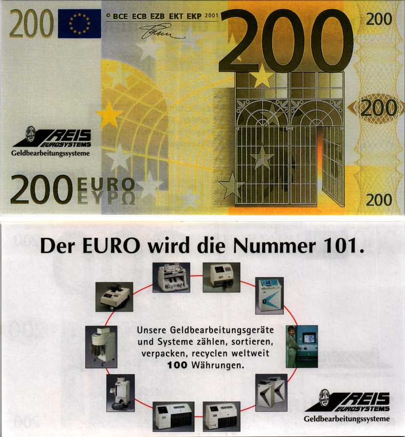 ГЕРМАНИЯ НАБОР ИЗ ДВУХ БАНКНОТ 2001 100 И 200 ЕВРО, РЕКЛАМНЫЙ ВЫПУСК ЕВРОБАНКНОТ, REIS EUROSYSTEMS, GELDBEARBEITUNGSYSTEME (DER EURO WIRD DIE NUMMER 101) бумага 7183-60-1-2
