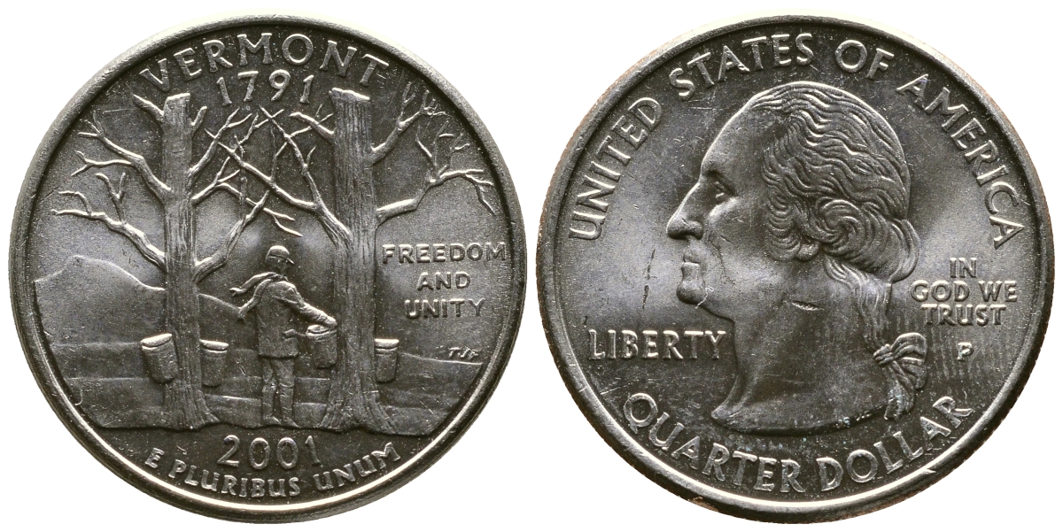 США 25 центов = квотер 2001 Р, серия штаты США, Вермонт KM 321 медь плакированная медно-никелем 56-457