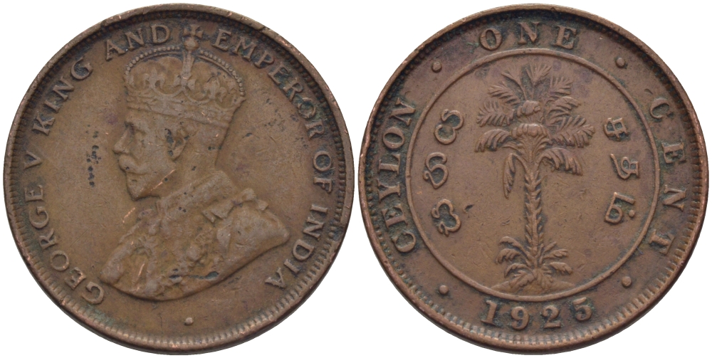 Цейлон 1 цент 1925 Георг V KM 107 медь 3459-215