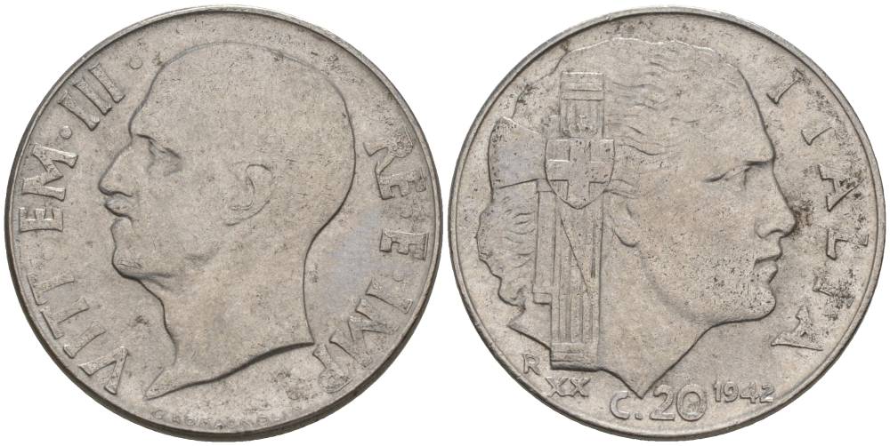 ИТАЛИЯ 20 ЧЕНТЕЗИМО 1942 R, ГОД XX, ВИКТОР ЭММАНУИЛ III (1900-1946), МАГНИТНАЯ, ГУРТ РИФЛЁНЫЙ KM 75b, VEM3. 1029 нержавеющая сталь 3853-441