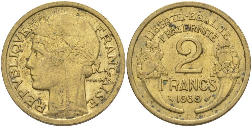 ФРАНЦИЯ 2 ФРАНКА 1939 ТИП MORLON KM 886, LE FRANC 268.12 алюминиевая бронза 3855-146