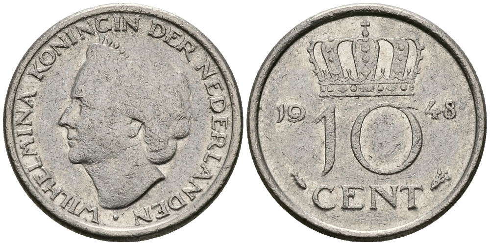 Нидерланды 10 центов 1948 Вильгельмина (1895-1948) KM 177 никель 96-523
