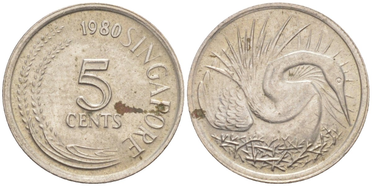 Сингапур 5 центов 1980 большая белая цапля KM 2 медно-никель 187-451