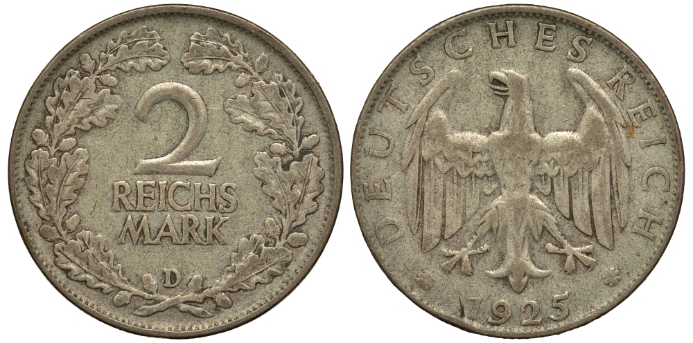 Германия 2 рейхсмарки 1925 D J. 320, KM 45 серебро 00-00