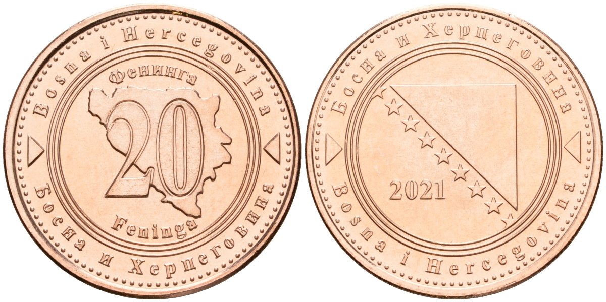 Босния и Герцеговина 20 фенигов 2021 KM 116 сталь плакированная медью UNC 4514-1237