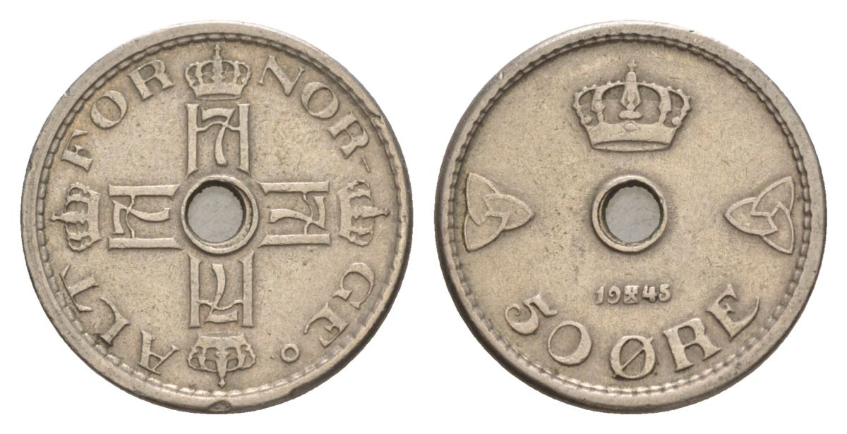 Норвегия 50 эре 1945 Хокон VII (1905-1957) KM 386 медно-никель 4635-412
