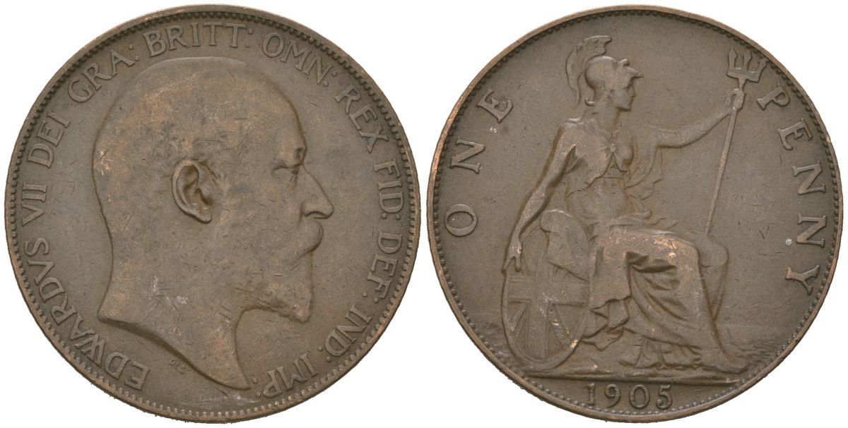 Великобритания 1 пенни 1905 Эдуард VII (1901-1910) KM 794.2, Spink 3990 бронза 221-321