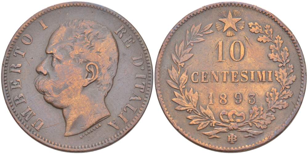 ИТАЛИЯ 10 ЧЕНТЕЗИМО 1893 BЛ, МОНДВОР БИРМИНГЕМ, УМБЕРТО I (1878-1900) KM 27.1 медь 4526-942
