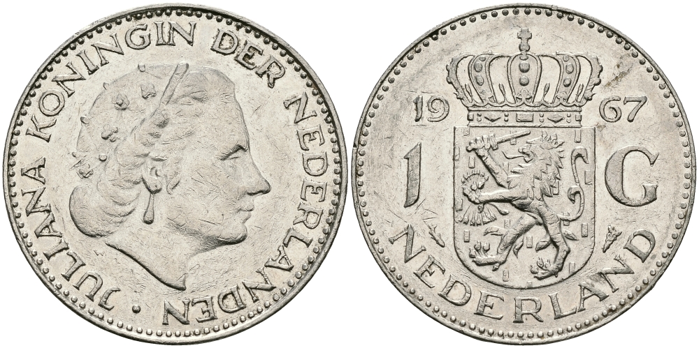 Нидерланды 1 гульден 1967 Юлиана (1948-1980) KM 184а никель 94-611