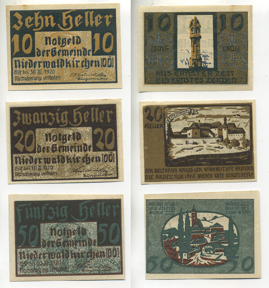 АВСТРИЯ НАБОР ИЗ 3 БАНКНОТ 1920 ДО 30 НОЯБРЯ 1920, НОТГЕЛЬД, 10, 20, 50 ГЕЛЛЕРОВ, NIEDERWALDKIRCHEN O.O. бумага aUNC 6278-22-2