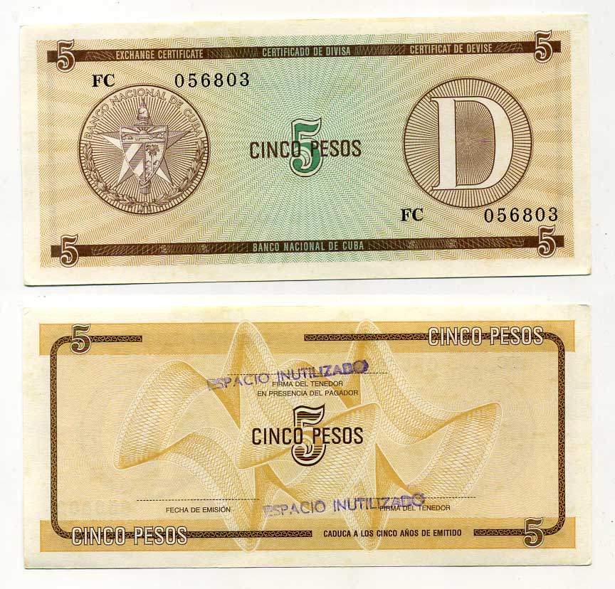 Куба, валютный сертификат 5 песо ND серия D, желтая, второй выпуск Pick FX 34 бумага aUNC 444-94-3-1