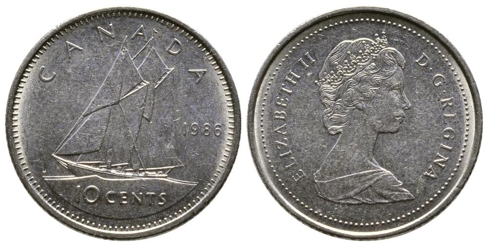 Канада 10 центов 1986 Елизавета II (1952-2022), парусник KM 77.2 никель 84-1566